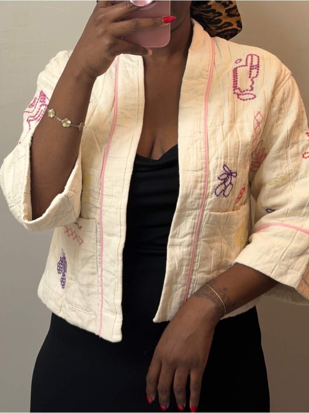 Zara Cream Embroidered Open-Front Short Kimono Jacket